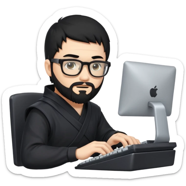 Man with black hair and beard wearing glasses in a ninja costume typing on a computer keyboard sticker