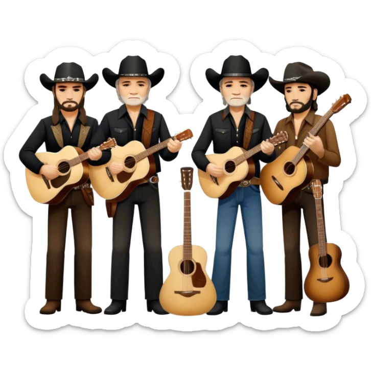 Icon for Country Music: The Highwaymen—Johnny Cash, Willie Nelson, Waylon Jennings, and Kris Kristofferson—standing together with guitars, cowboy hats, and rugged outlaw country aesthetics. Warm tones, western scenery hints, and a transparent background. sticker