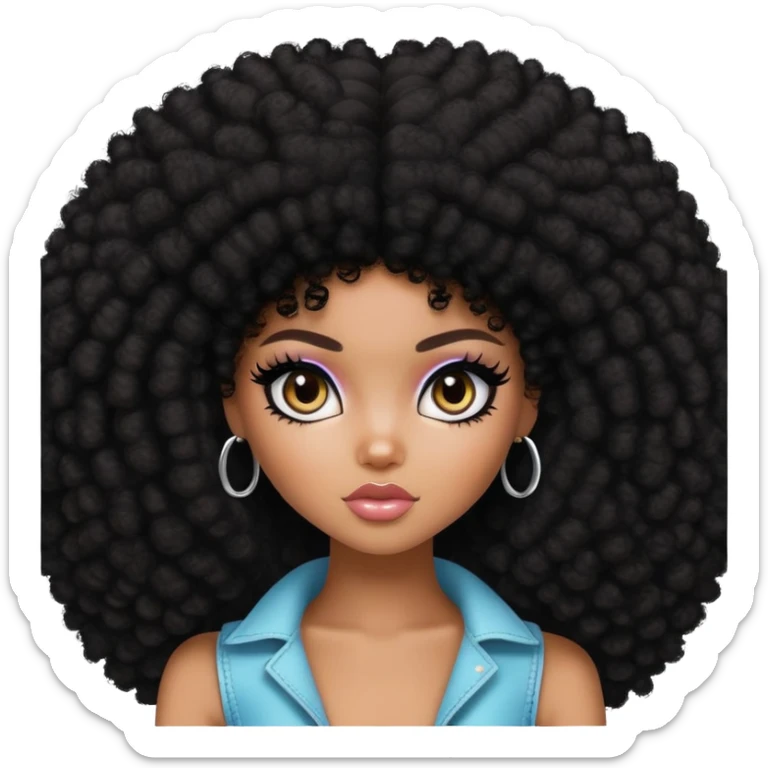 pretty bratz girl, dark black big afro, dark brown eyes, y2k fashion, black eyeliner, deep brown skin sticker