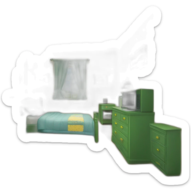 a bedroom with two green cupboards, bed with yellow pillow and quilt and a desk with PC sticker