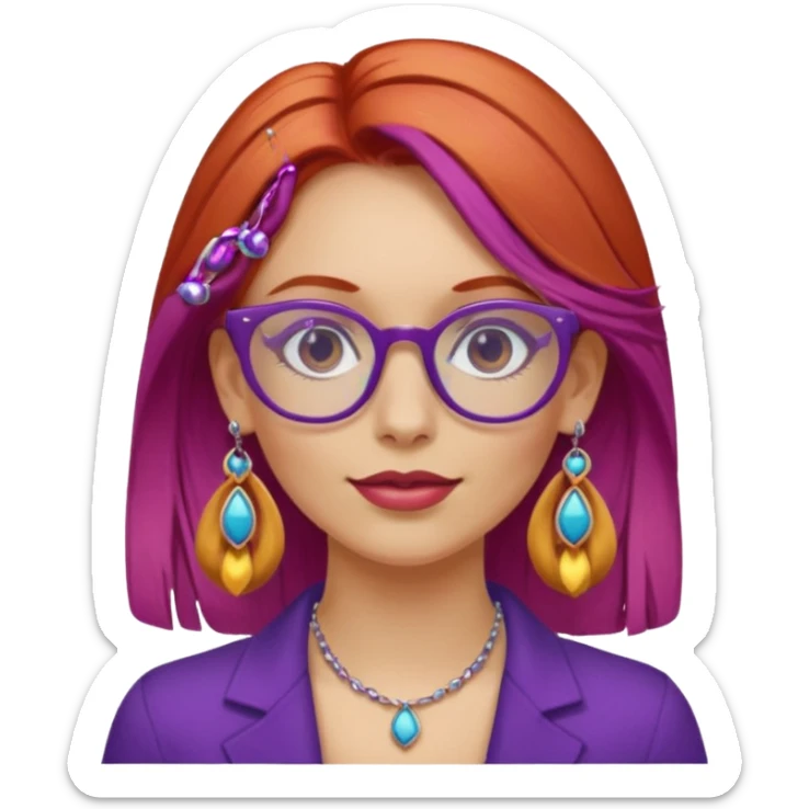 fai una signora con i capelli sia biondi che rossi con gli occhiali viola pieni di orecchini sticker