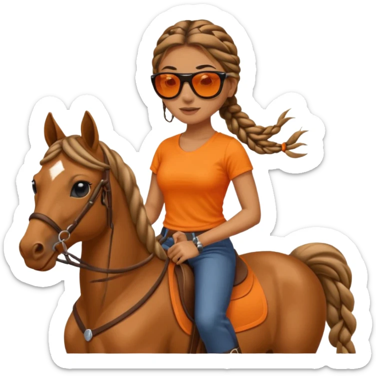 woman with long braids, sunglasses, orange top, riding a horse, simple bold emoji style sticker