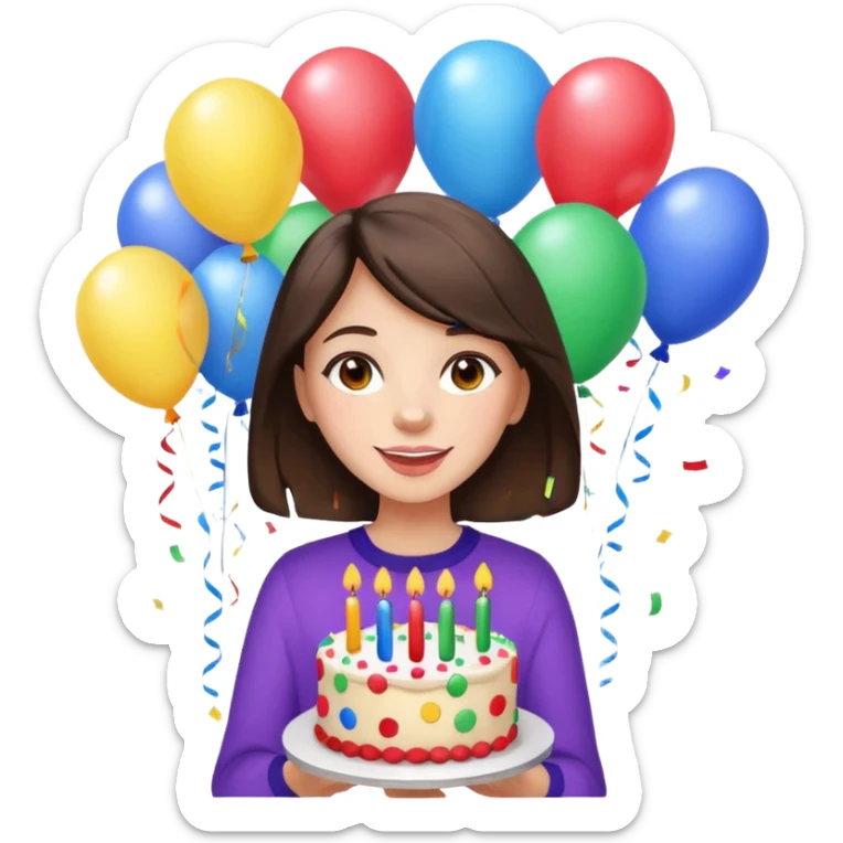 brunette girl with balloons and birthday cake, cheerful, confetti, party atmosphere sticker