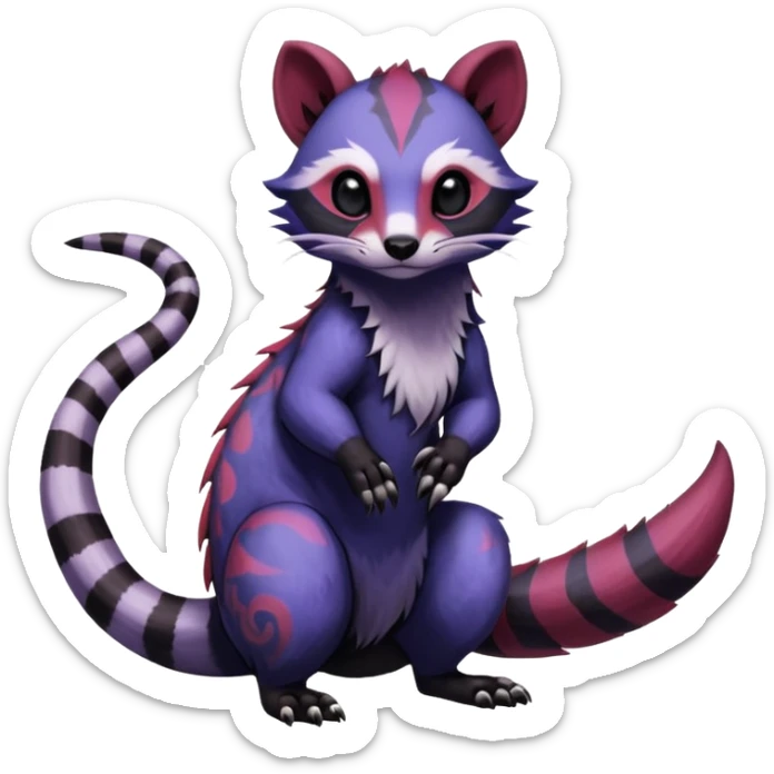 Rare warm-colored exotic gloomy tropical edgy cute epic aesthetic spooky indigo purple white black red gothic colorful Salandit-Furret-Civet-species-Fakemon-hybrid-creature, with tribal tattoo markings, full body sticker