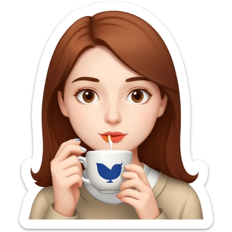 Simple portrait of British girl sipping tea, minimal tea elements, focus on girl's face sticker