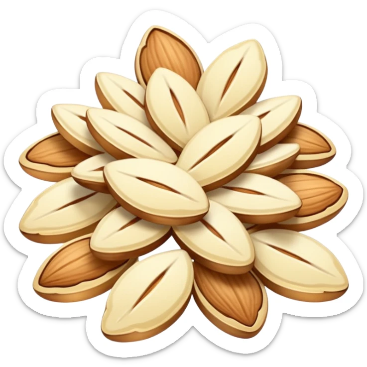 cluster of thin almond slices, ivory to pale gold, natural irregular shapes, some glossy, some matte, soft lighting, subtle shadows, no bowl or utensils, no faces, transparent background, emoji scale sticker