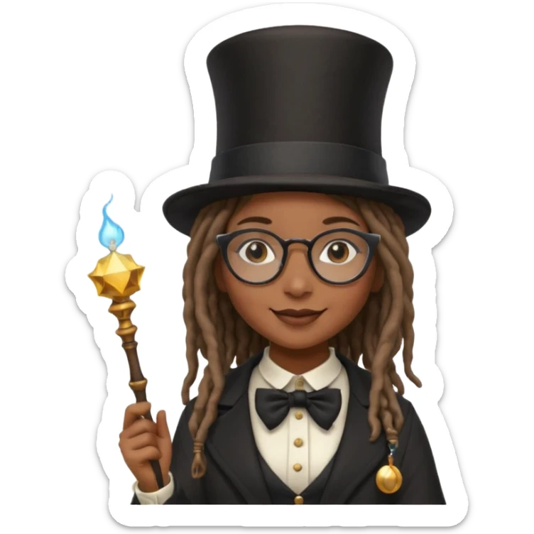 Black female with dread lock hair and large glasses in a top hat with a magic wand sticker