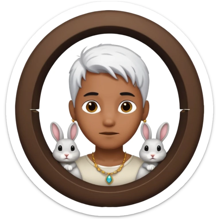 brown skinned boy with half white hair and half black hair with jewellery in a rabbit hole sticker