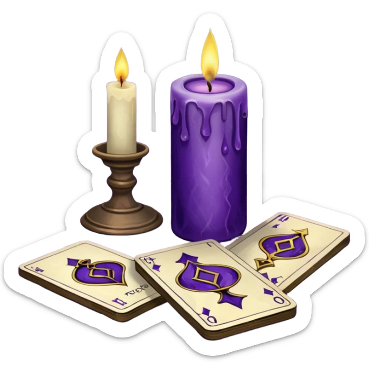 A purple deck of tarot cards and a one candle nearby sticker