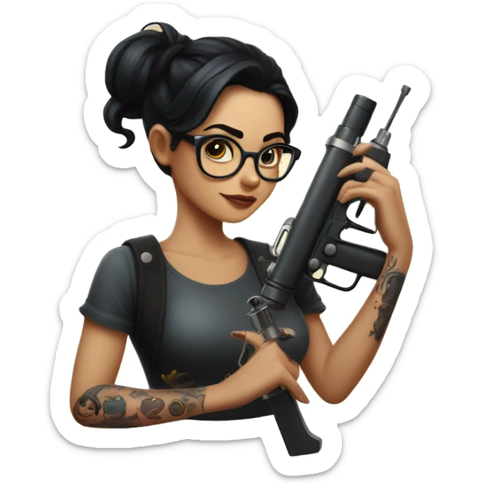 dark haired girl with glasses and a tattoo gun in one hand and a book in the other with the european stars circle in the background sticker