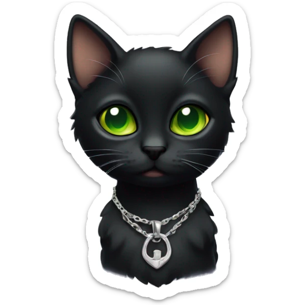 Skinny runt of the litter Black cat with green eyes wearing a silver locket sticker