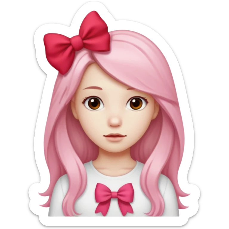 girl with long hair with side parted pale skin red pink bow in her hair and wearing a white basic top sticker