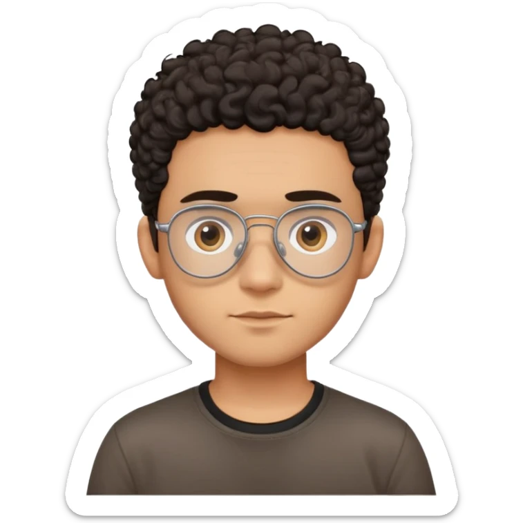 Young Latino male with small oval face, prominent forehead, aviator eyeglasses with metal frames, completely shaved sides with minimal dark curly hair on top only, gentle neutral expression, brown skin tone, simple black t-shirt sticker