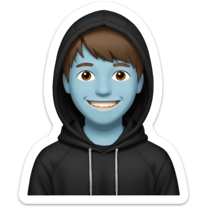 20 yr old man, brown hair, straight, big smile, white teeth, tanned skin, bangs, black hooded sweatshirt, long hair in back, middle parted bangs sticker