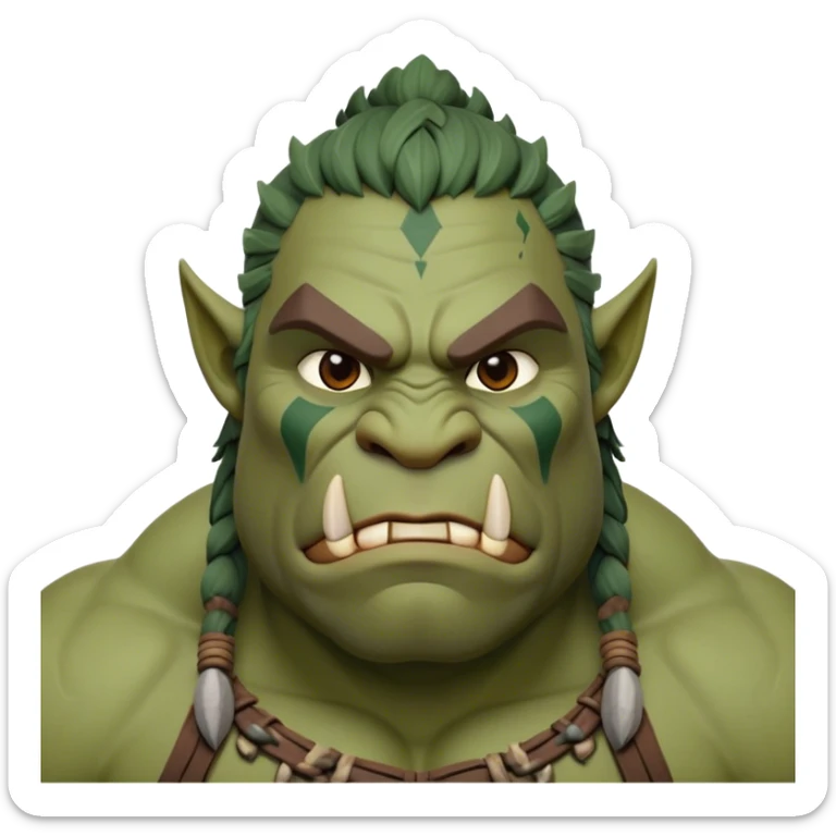 Cinematic Noble Ogre Portrait Emoji, Majestic and imposing, with a rugged, muscular form in deep earthy greens and browns, adorned with battle scars and subtle tribal markings, exuding calm, noble strength and unexpected wisdom, simplified yet strikingly detailed, glowing with a shadowy outline that captures the essence of a gentle giant with fierce heart! sticker