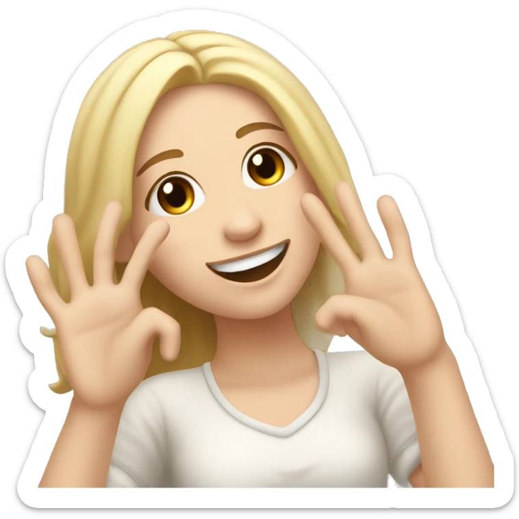 Happy pale girl wakes up in bed and stretches hands up in the air  sticker