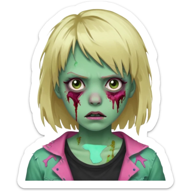 A zombie with pale green skin, messy blonde hair, and bangs with a pink streak on the left side. She has a blank stare and wears torn clothes. Creepy but stylish! sticker