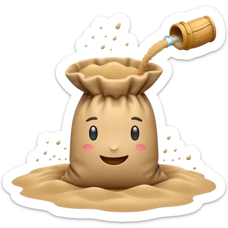 apple style emoji of a sandbag with sand pouring out, minimalistic sticker