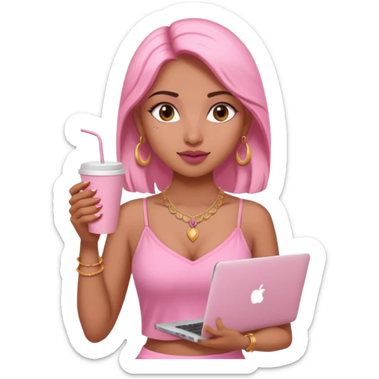 a pretty fair indian bratz girl with a pink cami top, drinking takeaway brown coffee, golden dainty necklace and carrying a white macbook sticker