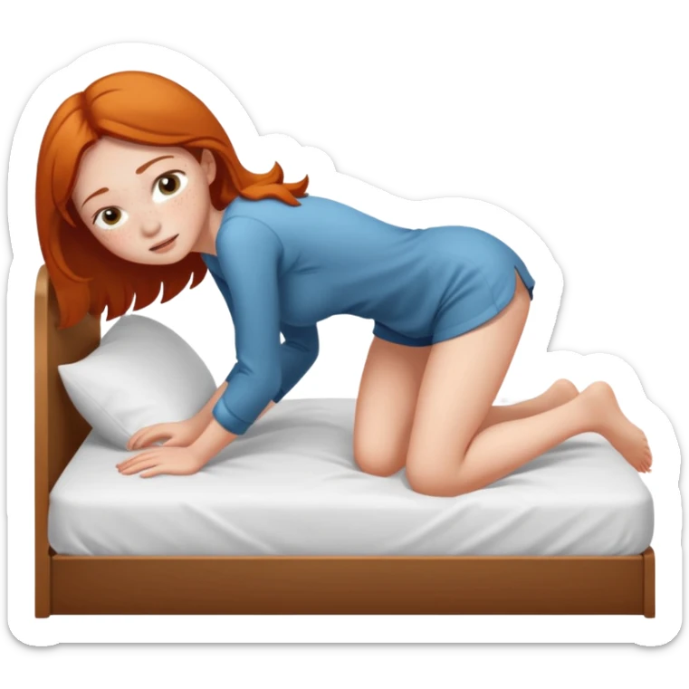 Fullbody nude very beautiful girl very beautiful face with freckles, big boobs, big ass, sexy body, bending over a bed spreading ass, getting ready for sex, realistic sticker