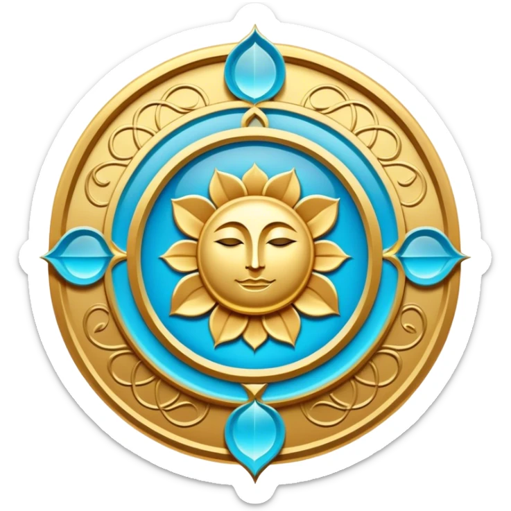 Un libro book dorado y azul celeste con detalles esmeralda, bordes luminosos y un símbolo de círculo zen, loto en la portada, irradiando presencia, tranquilidad y despertar espiritual. portada de libro sticker