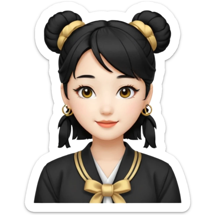 a beautiful girl face, wearing cute korean makeup, black hair, tied into two lowbuns with front bangs, black shirt, white jacket with golden shoulder pads, kpop idol sticker