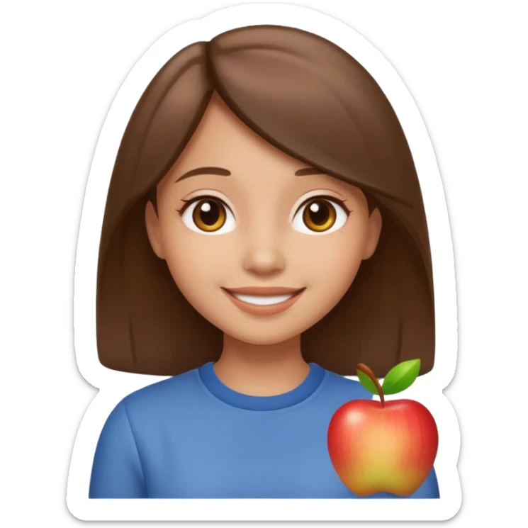 happy girl with medium straight brown hair, light skin tone, apple emoji style sticker