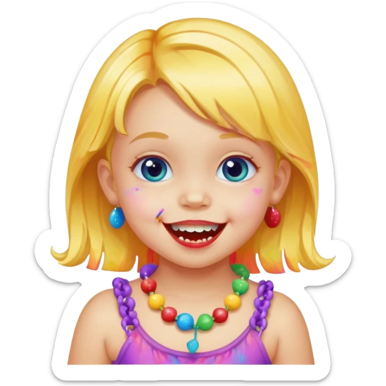 A toddler with candy necklace, grinning with colorful sugar stains on her mouth. sticker