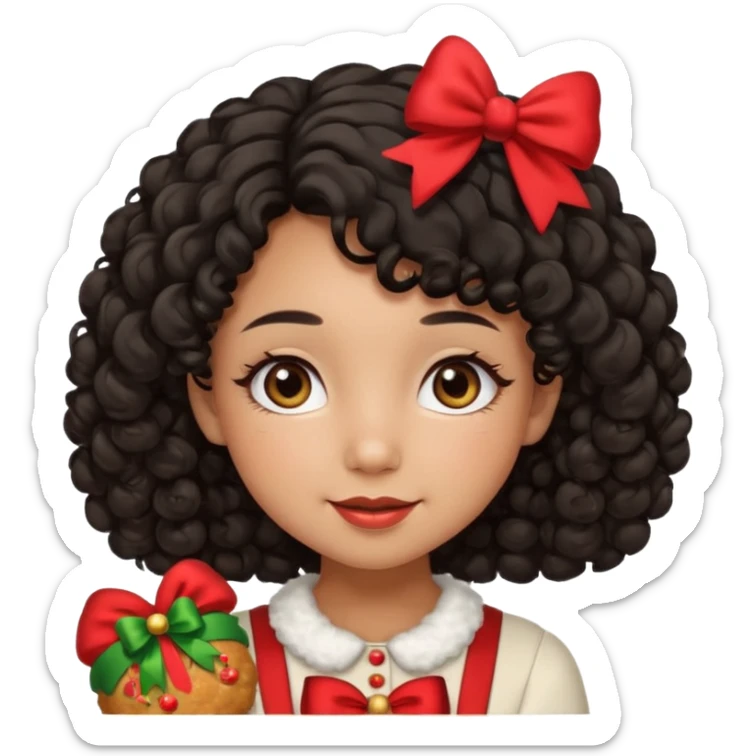 cute girl tan skin, curly black hair chin length, middle part, long eyelashes, cute cheeks, 5'2, outfit croquette style with bows and christmas theme, happy,  sticker