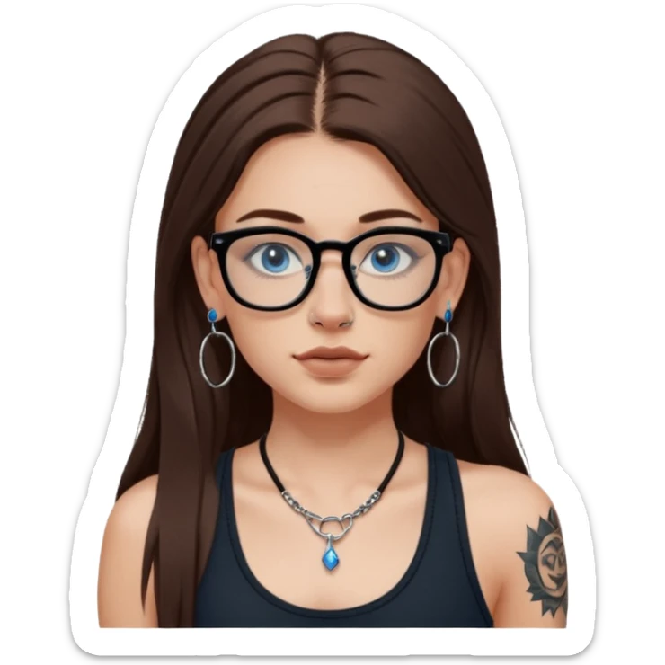 WHITE girl with long brown hair, part going more to the RIGHT side, BLUE eyes, wearing BLACK rectangle plastic frame glasses. SEPTUM nose piercing hoop (at bottom of nose) AND stud nose piercing on right side of nose. Wearing BLACK tank top. Arm tattoos. Hoop earrings sticker