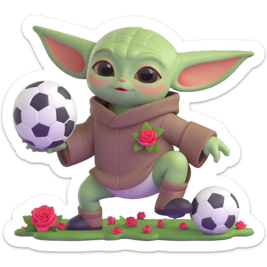baby Yoda kicking a soccer ball with small roses beside him sticker