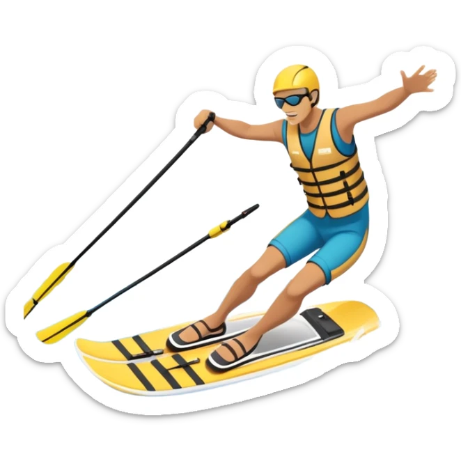 An icon showing a pair of water skis skimming across the surface of a lake, with a skier in motion. The design includes a wake behind the skier, splashing water, and the sun reflecting on the water. Transparent background highlights the speed and thrill of water skiing. sticker