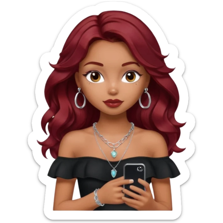 a pretty bratz girl with wavy dark red hair, wearing a black off shoulder top . silver dainty layered necklaces, carrying an iphone sticker
