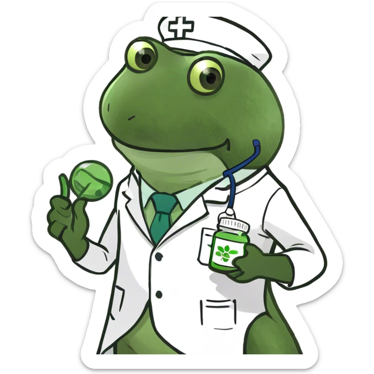 bufo the doctor, holding a green medicine, full doctor outfit sticker