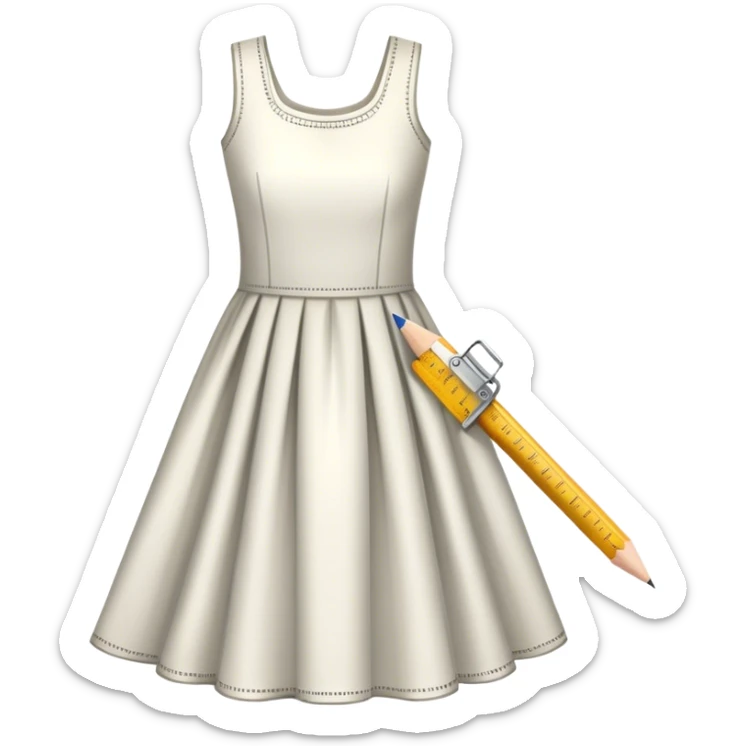 Icon for Fashion Design: a dress pattern with measurements, a ruler, and a pencil. The icon should represent the process of designing clothing with a focus on precision and tailoring. Transparent background. sticker