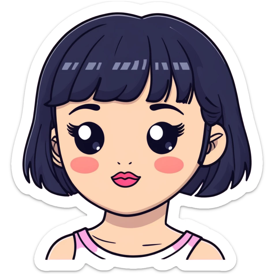 Girl , fair skin with black medium hair with bangs and pretty big eyes long lashes, pink lips and cheeks  sticker