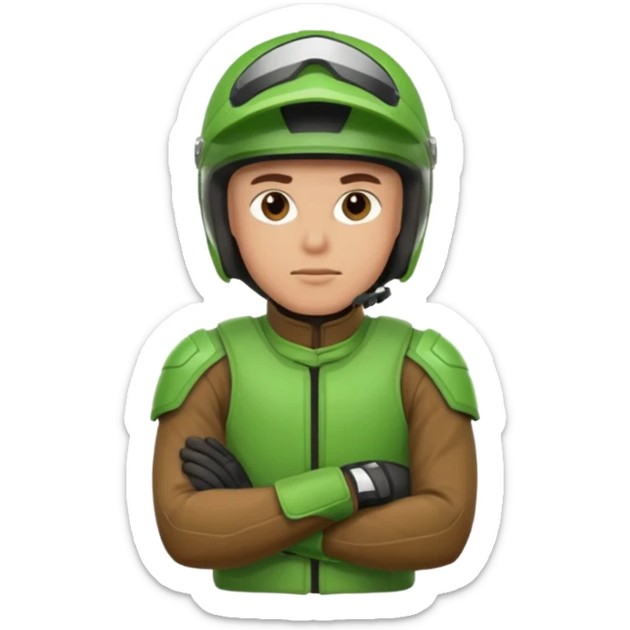 dirtbike rider in green gear with arms crossed, and thinking sticker
