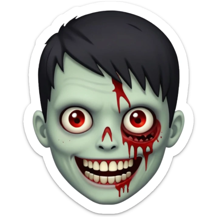 zombie boy with emo hair, white skin, and white eyes; an open smile, and bloodied teeth; sticker