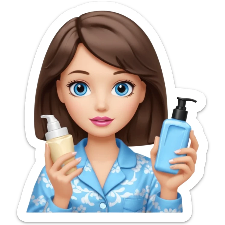 Barbie girl with makeup, blue eyes , and bob long haircut wavy, short brown hair in creamy color pajamas, face cream in hand sticker