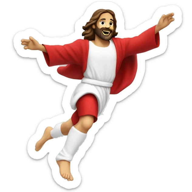 Jesus sprinting, with a large stride and arms outstretched, in a red santa costume sticker