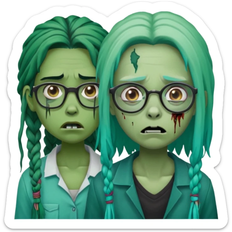 green-skinned, zombie with glasses, a girl with ombre black & teal long dreadlocks and a worried expression with a small wound near its mouth. sticker