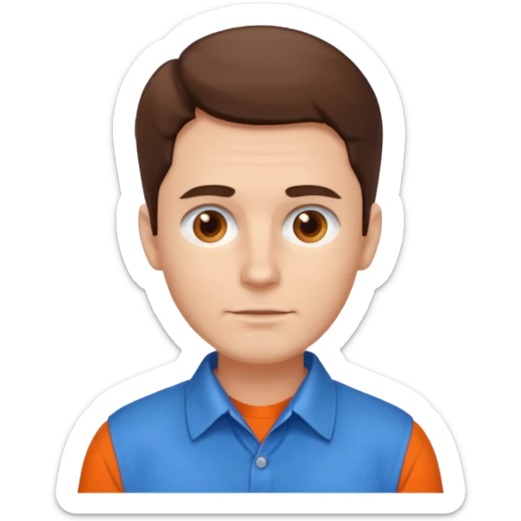 male, white skin, brown hair, brown eyes, orange shirt and blue collarbone, no wrinkles sticker