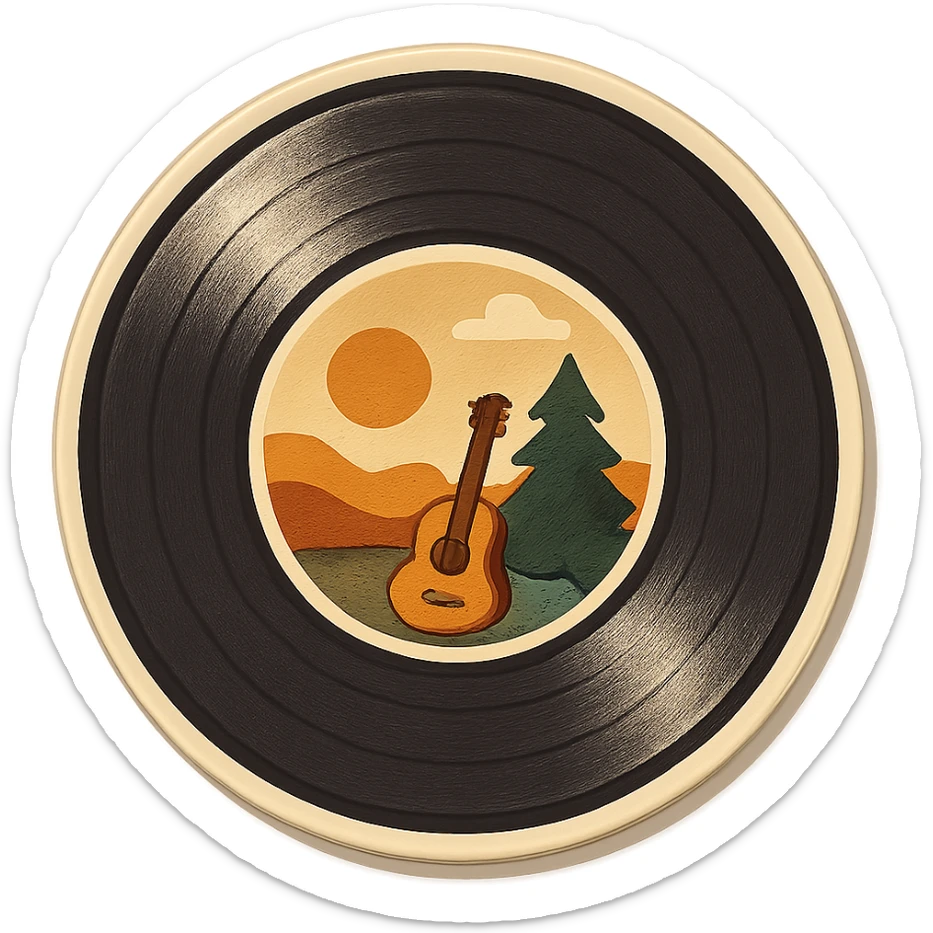 animated vinyl record turning slowly with nature-themed label, retro vintage style, cozy acoustic aesthetic, warm muted colors, subtle grain, soft lines, 112x112px, smooth loop, nostalgic analog mood sticker