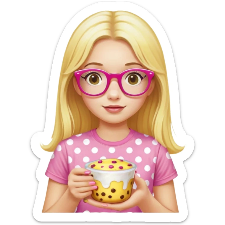 a girl with long lashes, long blonde hair, wearing yellow polka dot t-shirt, wearing pink glasses, holding a pudding sticker
