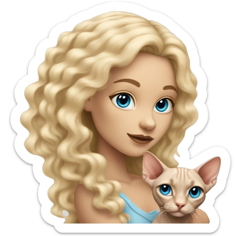Blonde girl with curly long hair and blue eyes holding sphynx cat sticker
