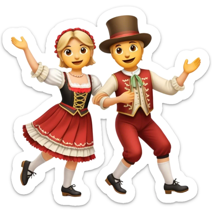 Cinematic Realistic Schuhplattler Dance Emoji, depicted as a lively traditional folk dance scene with performers in authentic Bavarian costumes, rendered with dynamic textures and festive natural lighting that captures the spirit of rural celebration. sticker