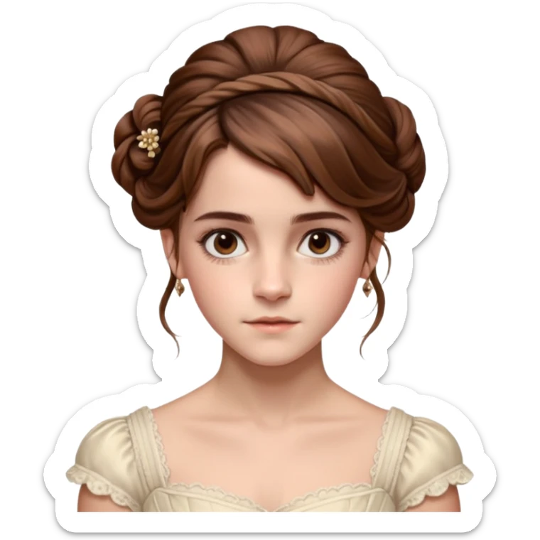 Cinematic Emma Watson Realistic Rococo Portrait, depicted with lifelike skin texture, subtle rosy undertones, and soft natural lighting that enhances the gentle contours of her face. Her intricately detailed brown hair is elegantly styled in an updo, sticker