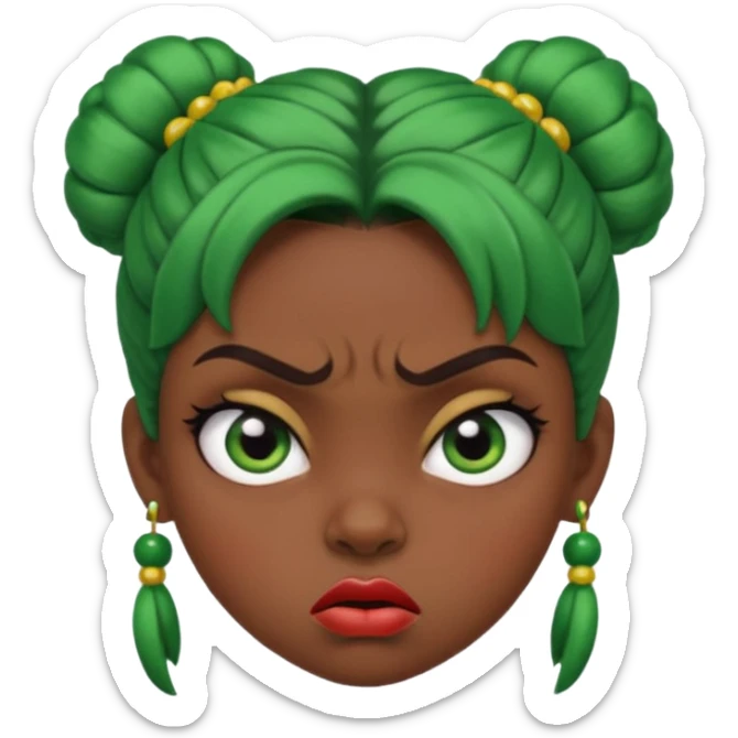 Create a 3D cartoon-style girl character with dark skin, round face, angry expression, big wide eyes, and tightly styled double buns made of green beaded hair. The girl should look irritated, eyebrows sharply angled, and lips pressed in a frown. sticker