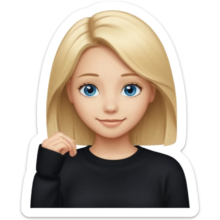 a new character a girl with shoulder length blonde hair wearing black clothes and wearing a cheeky smile she has blue eyes her black sweater has an emo style badge remove the badge and instead add the words special sticker