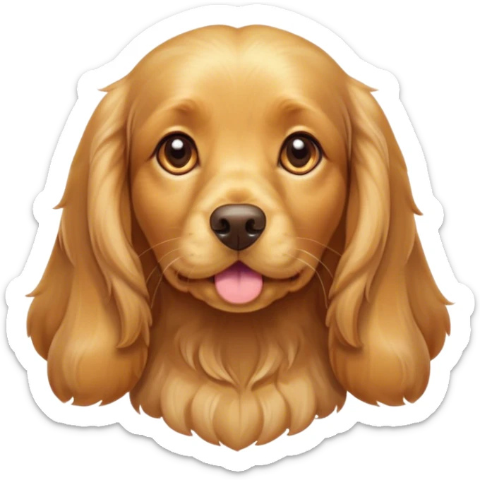 Cinematic Cute Gold Cocker Spaniel Portrait Emoji, Head tilted playfully and inquisitively, showcasing a silky, golden coat with a natural sheen, round, sparkling brown eyes filled with curiosity, Simplified yet irresistibly adorable features, highly detailed, glowing with a warm, friendly glow, high shine, affectionate and lively, stylized with a touch of whimsy, bright and endearing, soft glowing outline, capturing the essence of a mischievous yet loving pup, so playful it feels like it could bound out of the screen and into your arms! sticker